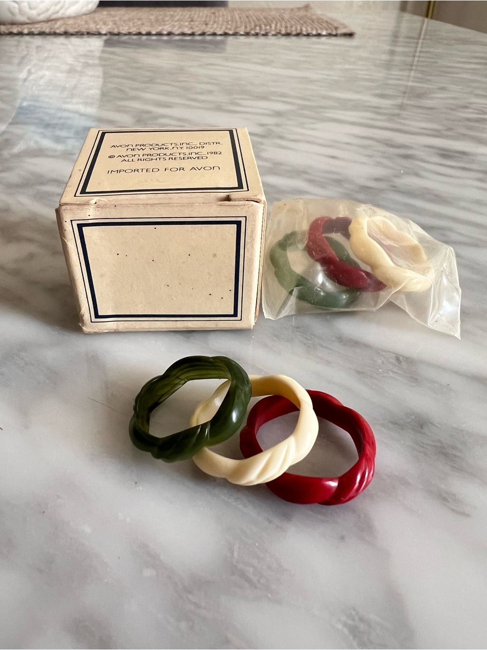 Vintage Avon Twist Resin Stackable Rings - Red, Cream, Green